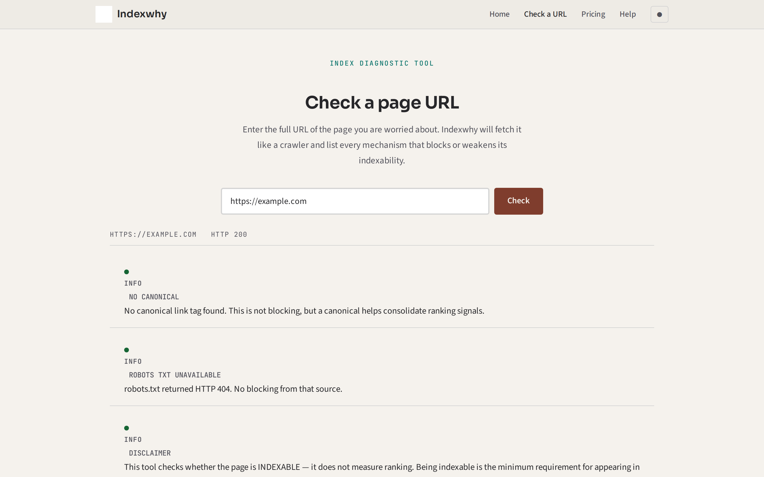 Indexwhy result page showing a full diagnostic report: the URL checked, each finding marked with a coloured dot — red for blockers, amber for weakening factors, green for clear checks — ordered by severity so the most important fix appears first